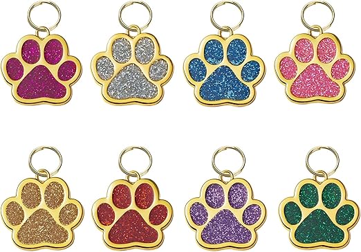 Glitter Paw Print Tags Customizable Pet ID with Laser Engraving